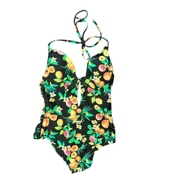 Xhilaration One-Piece Swimsuit Tropical Print Halter Neck Summer‎ Vacation M - Picture 1 of 5